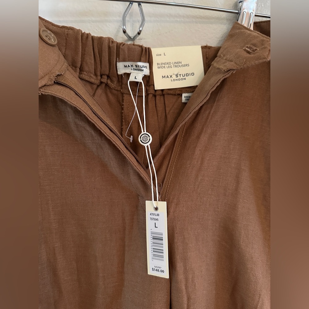 Max Studio Tan Linen Wide Leg Trousers